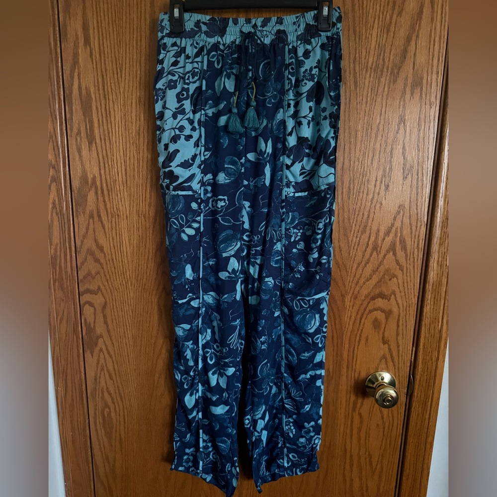Anthropologie Blue Floral Lightweight Pants Tassel Drawstring Women's Size XS